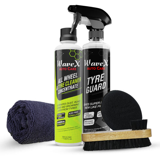 Tyre Polish and Cleaner Includes Tyre Polish 350ml, Tyre and Wheel Cleaner 350ml, Cleaning Brush, Microfiber Cloth and Foam Applicator