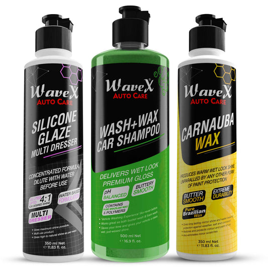 Wash Wax Car Shampoo, Carnauba Wax Car Body Polish and Silicone Glaze for Plastic, Leather, Vinyl, Rubber Parts (Complete Kit)