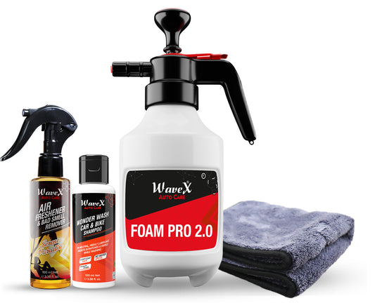 Foam Pro 2.0 Foaming Pump Sprayer Combo - Includes Pressure Foam Sprayer for Car Cleaning Car Wash Car Detailing, Wonder Wash Car Shampoo 100 ml, Air Freshener 100ml, Microfiber Cloth 40cmx40cm