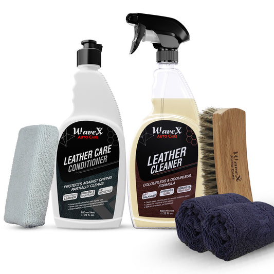 Leather Care Kit Includes Leather Cleaner 650ml + Leather Conditioner 650ml + Premium Horse Hair Brush + 2 Microfiber Cloth 40x40cm + Applicator Pad