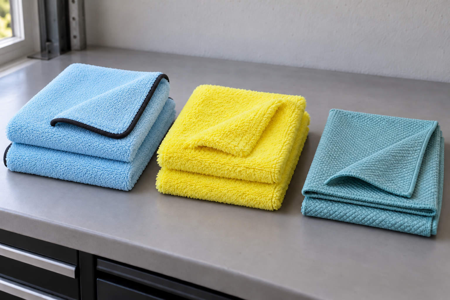 Separate pale-blue dark-bound drying towels, yellow edgeless towels and aqua diamond-weave glass cloths.