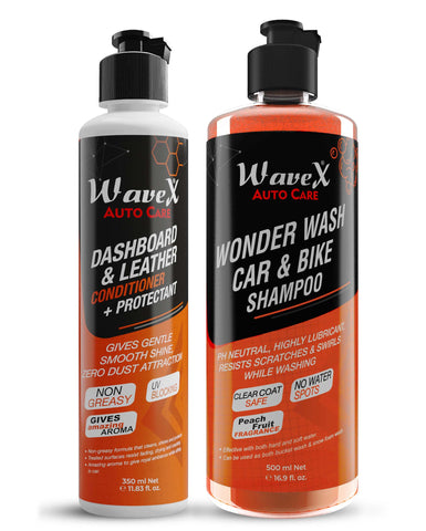 Wonder Wash Car & Bike Shampoo 500ml + Dashboard and Leather Conditioner Protectant 350ml