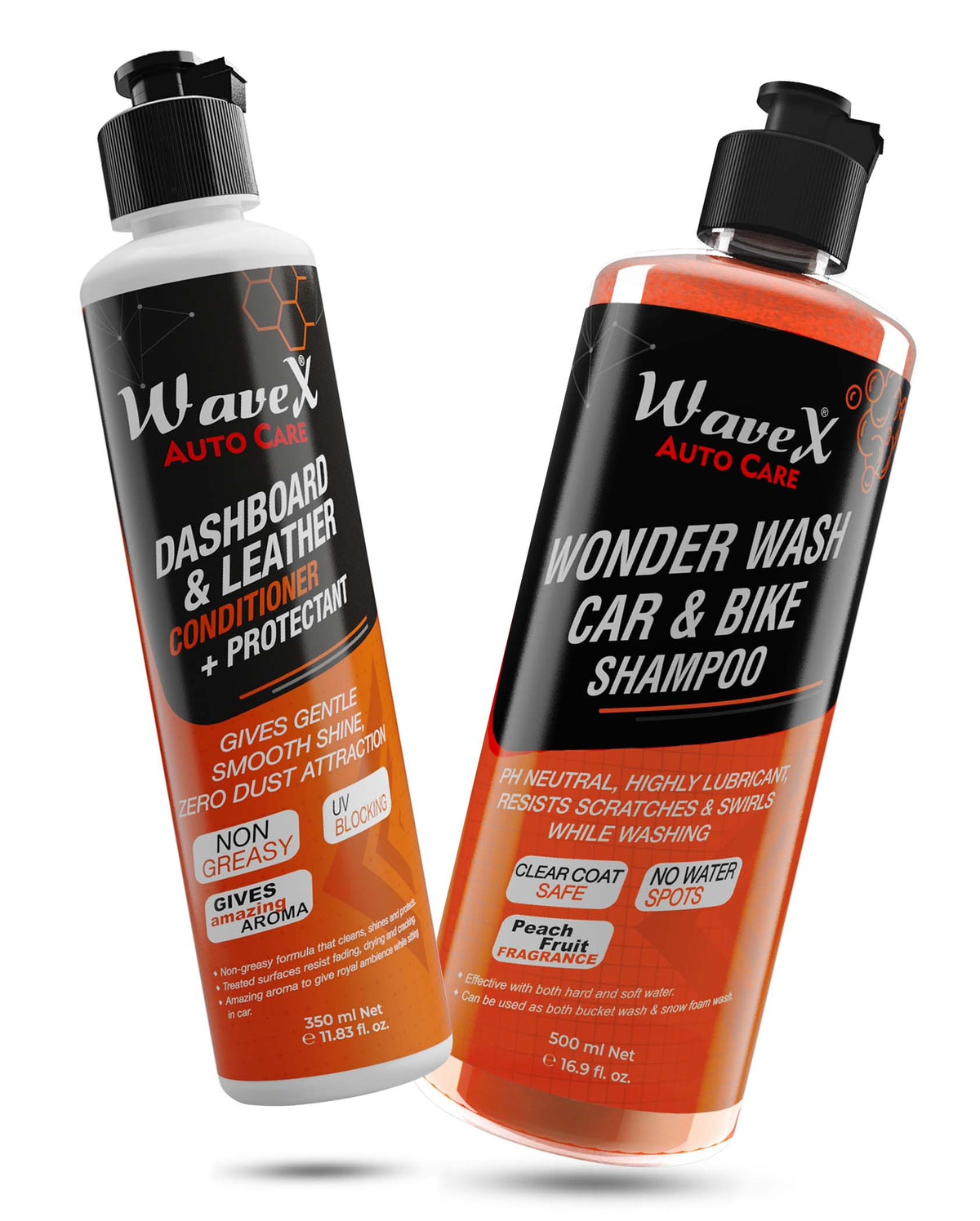 Wonder Wash Car & Bike Shampoo 500ml + Dashboard and Leather Conditioner Protectant 350ml