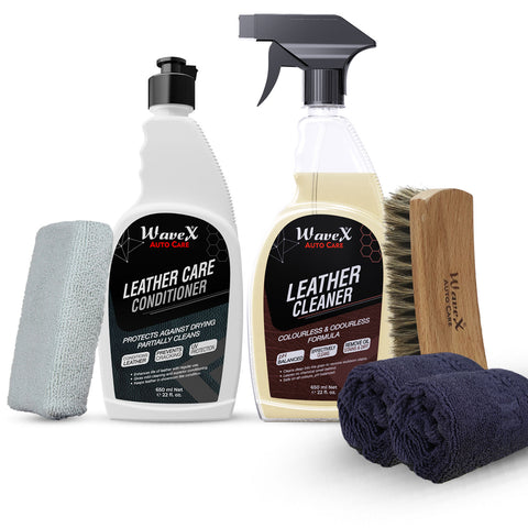 Leather Care Kit Includes Leather Cleaner 650ml + Leather Conditioner 650ml + Premium Horse Hair Brush + 2 Microfiber Cloth 40x40cm + Applicator Pad