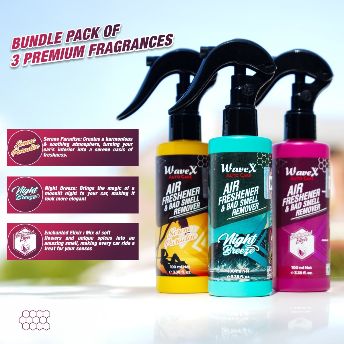 AIR FRESHENER CAR PERFUME AND BAD SMELL REMOVER BUNDLE PACK - Wavex - AF100X3