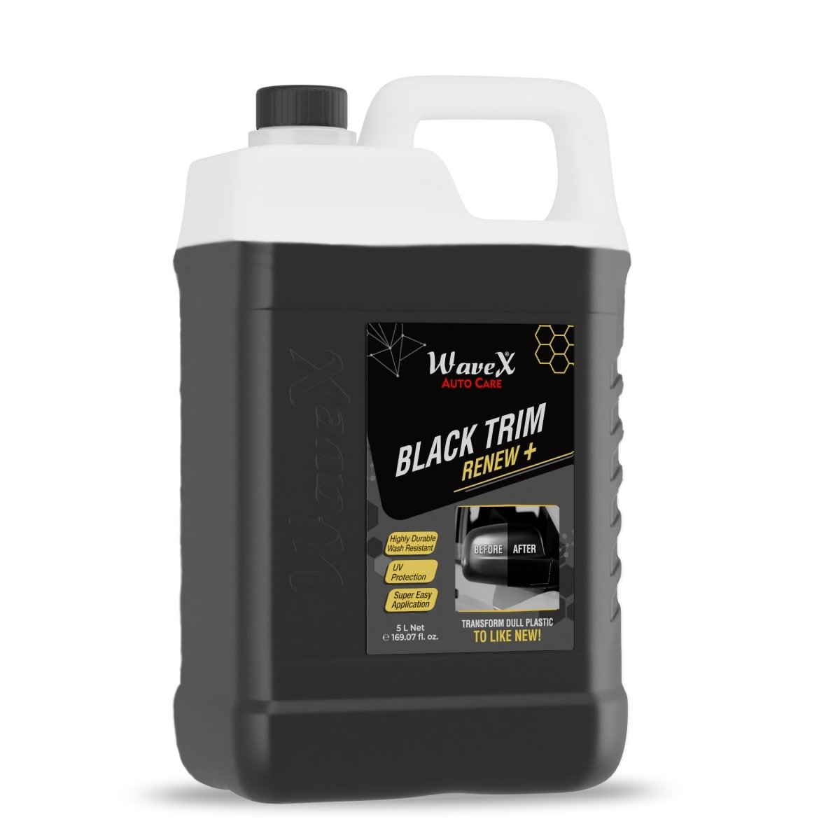 Black Trim Renew+ | Restores Faded Car & Bike Exterior Plastic Trim | Long - Lasting Deep Black Shine, UV & Dust Protection - Wavex - TRIM5K