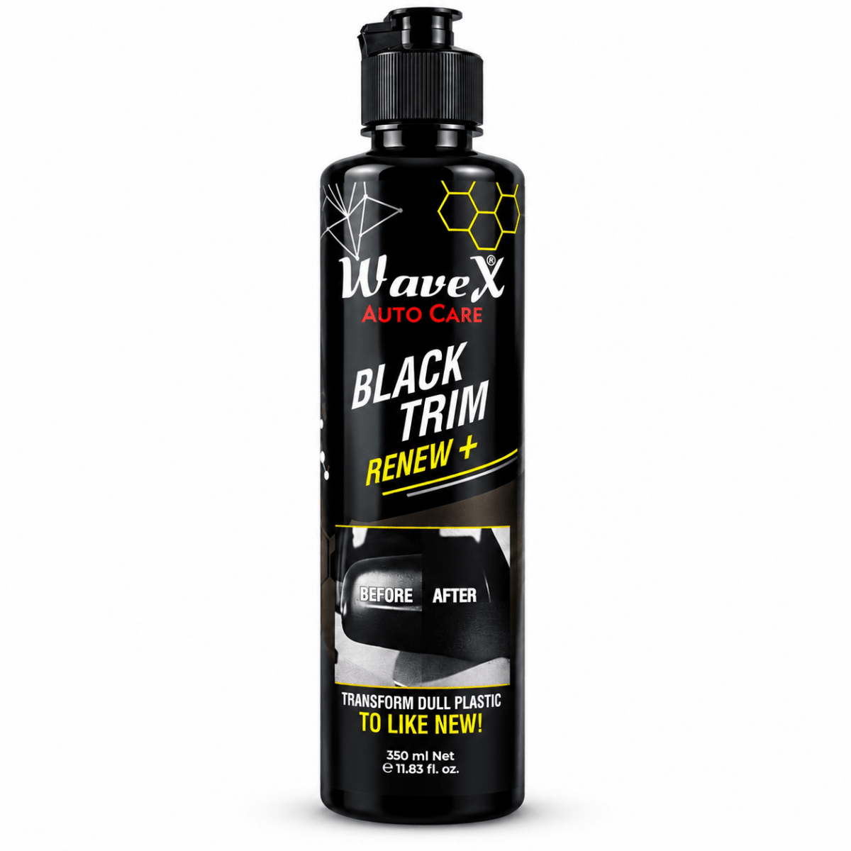 Black Trim Renew+ | Restores Faded Car & Bike Exterior Plastic Trim | Long-Lasting Deep Black Shine, UV & Dust Protection - Wavex-TRIM350