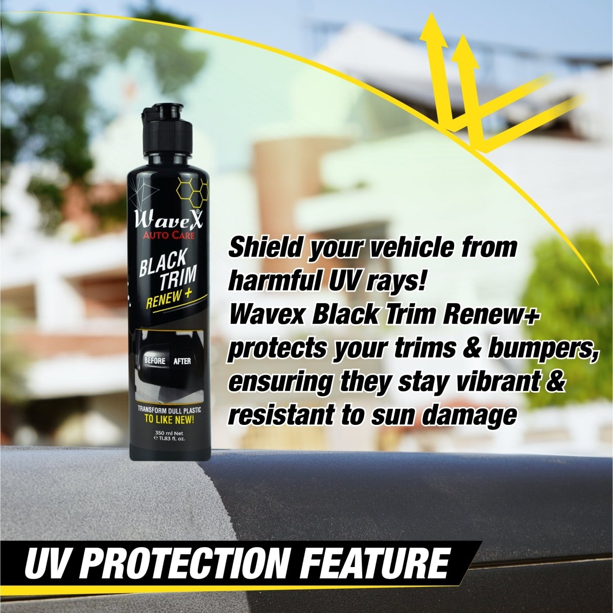 Black Trim Renew+ | Restores Faded Car & Bike Exterior Plastic Trim | Long - Lasting Deep Black Shine, UV & Dust Protection - Wavex - TRIM5K