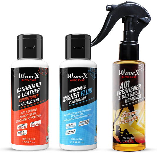 KIT-DAW Dashboard & Leather Conditioner+Protectant 100ml, Air Freshener Serene Paradise 100ml and Windshield Washer Fluid 100ml Combo