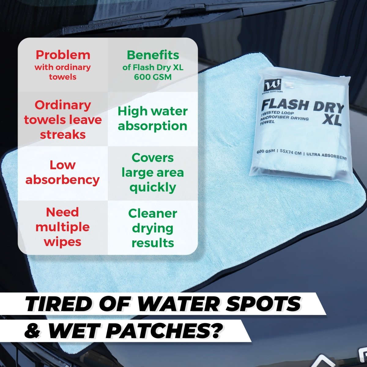 Flash Dry XL Twisted Loop Microfiber Drying Towel | One - Pass Pull & Dry Car Towel | 600 GSM Ultra Absorbent (55x74 cm) - Wavex - FLASH600GSM