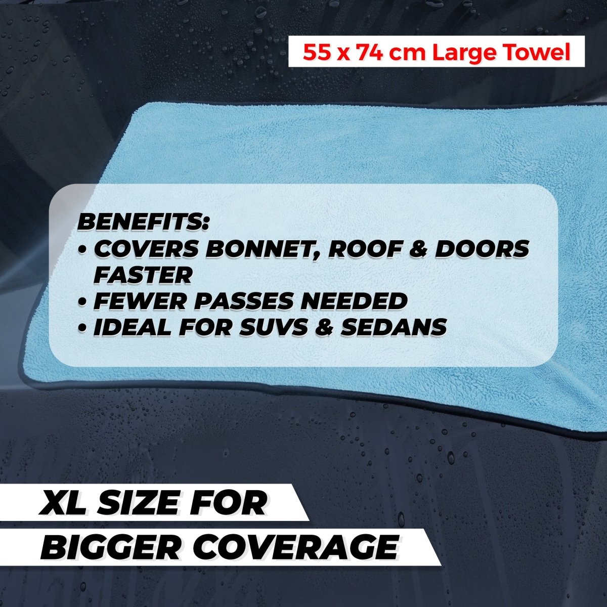 Flash Dry XL Twisted Loop Microfiber Drying Towel | One - Pass Pull & Dry Car Towel | 600 GSM Ultra Absorbent (55x74 cm) - Wavex - FLASH600GSM