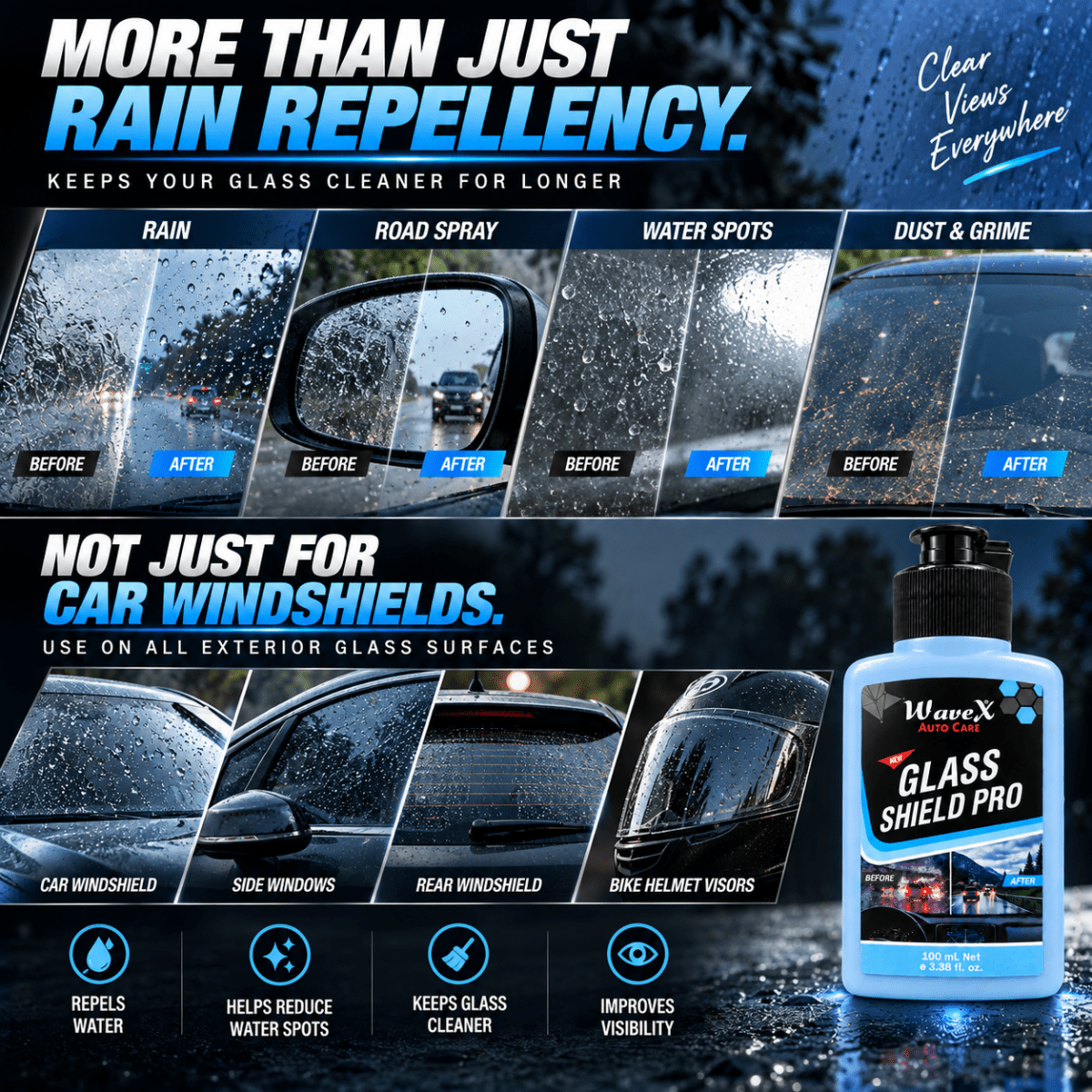 NEW GLASS SHIELD PRO | RAIN REPELLENT 100 ML - Wavex-SHIELD100